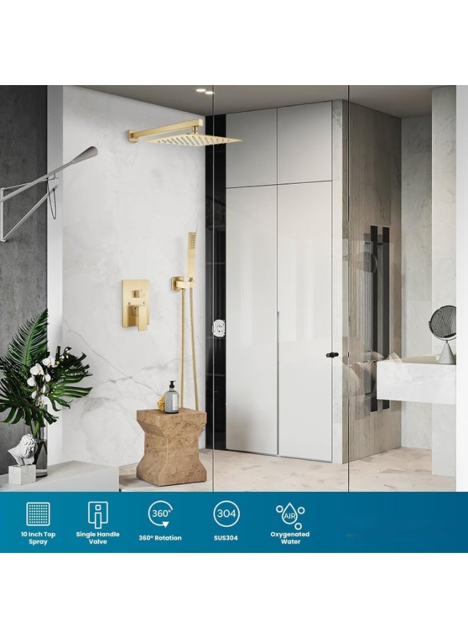 ALMIFTAH Rainfall Shower System with 10-Inch Brushed Gold Rain Shower Head & Handheld – Wall Mounted Bathroom Combo Set with Solid Brass Pressure Balance Valve – Luxury Full Body Shower Fixture for Modern Bathrooms - Image 2